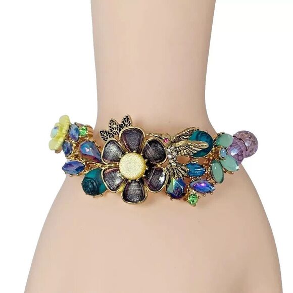 Betsey Johnson Hummingbird Flower Bracelet 7" Icy Crystal Spring Ahead VTG - Picture 10 of 10
